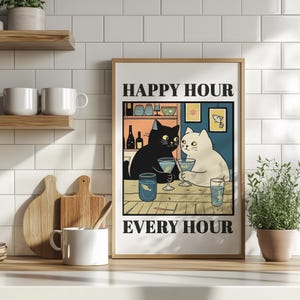 Funny White and Black Cat Maritini Art Poster or Canvas Print, Quirky Cat Print Bar Cart Decor, Kitchen Quote Print, Trendy Cocktail Art