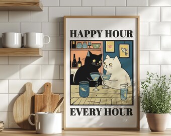 Funny White and Black Cat Maritini Art Poster or Canvas Print, Quirky Cat Print Bar Cart Decor, Kitchen Quote Print, Trendy Cocktail Art