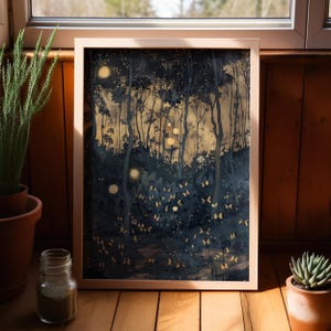 Zauberhafte Glühwürmchen und Schmetterlinge im Wald Poster oder Leinwanddruck, Vintage William Morris Style Gemälde Mystisches Waldkunstwerk