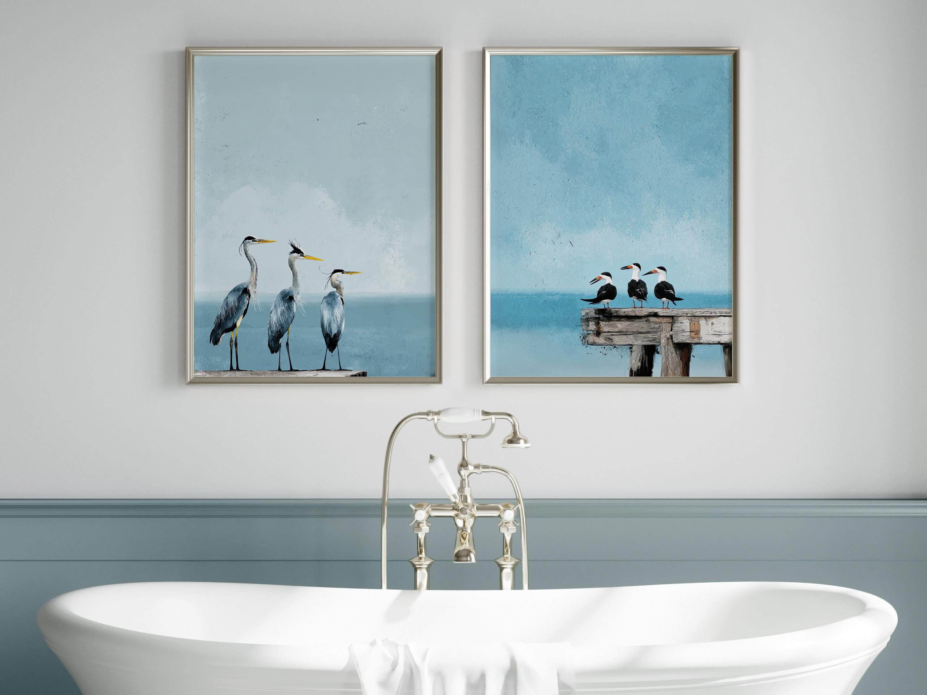 Coastal Birds Wall Art Set of 2 Poster or Canvas Print, Blue Heron and ...