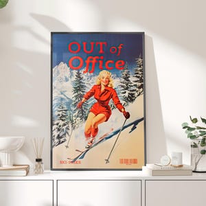 Blonde Woman in Red 1950s Ski Poster or Canvas, Snowy Mountain Art, Retro Apres Ski Decor, Out of Office Ski Poster, Vintage Bar Cart Decor