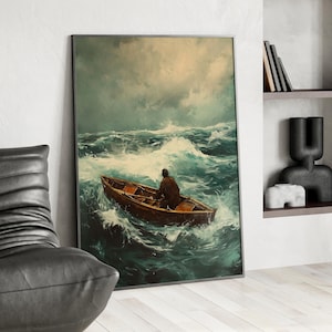 Oil Painting Style of a Man Lost At Sea Art Print or Canvas, Abstract Turbulent Waves, Boat in Stormy Ocean Poster, Gift For Ocean Lover