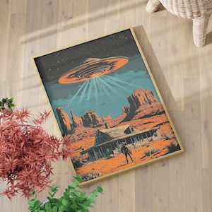 UFO Cowboy Western Wall Art Poster or Canvas Print, Retro Cowboy Art Print, Vintage Desert Wall Art, Alien Abduction Art SciFi Home Decor