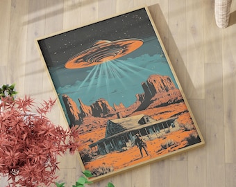 UFO Cowboy Western Wall Art Poster or Canvas Print, Retro Cowboy Art Print, Vintage Desert Wall Art, Alien Abduction Art SciFi Home Decor