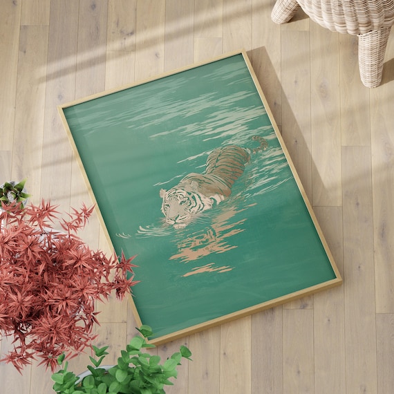 Graceful Swimming Tiger in Vibrant Green Water Art Poster or Canvas Print, Japanese Ukiyo-e Tiger Art, Asian Inspired Minimalist Wall Decor