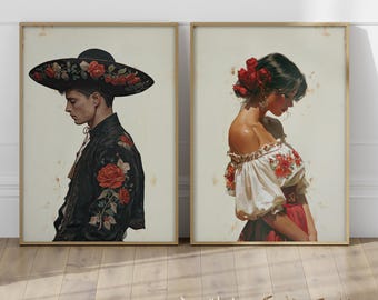 Mexican Folk Art Set of 2 Poster or Canvas Prints, Man and Woman Wall Decor, Southwestern Floral Prints, Rustic Western Art, Modern Wall Art