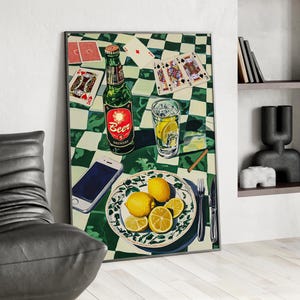 Retro Poker Night Wall Art Poster or Canvas Print, Kitchen Wall Decor, Still Life Painting Poker Table Bar Cart Decor, Giggle Water Poster