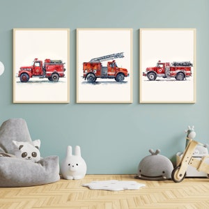 3-teiliges Set Feuerwehrauto Jungen Kinderzimmer Vintage Wandkunst Leinwand, kleiner Feuerwehrmann Kinderzimmerdruck, Kinderabenteuer Rettungswagen Jungenzimmerdekor