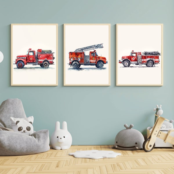 3 Piece Set Firetruck Boys Nursery Vintage Wall Art Canvas, Little Firefighter Nursery Print, Kids Adventure Rescue Truck Boys Room Decor
