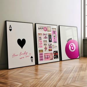 Black And Pink Retro Trendy Wall Art 3 Piece Set Prints Poster or Canvas, How Lucky Are We Print Matchbox Lucky 8 Pool Ball Art Wall Decor