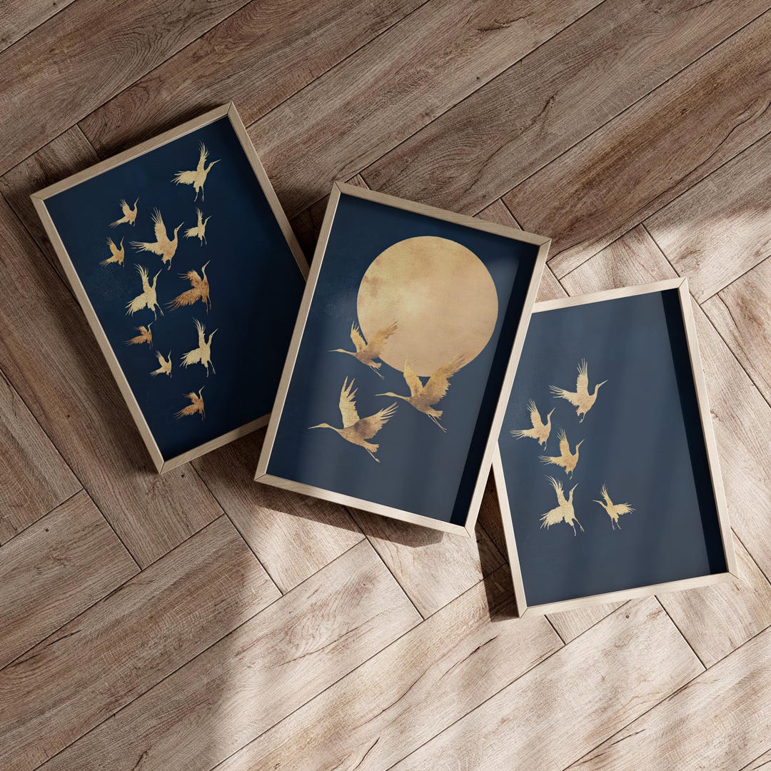 Golden Cranes Blue Japanese Set of 3 Wall Art Poster or Canvas Print ...