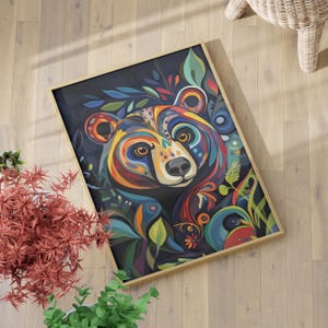 Vibrant Bear Folk Art Poster or Canvas Print, Indigenous Canadian Inspired Wall Art, Aboriginal Bear Style Artwork, Colorful Botanical Print