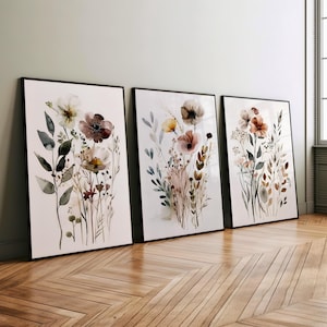 Watercolor Wildflowers Set of 3 Wall Art Poster or Canvas Print, Watercolor Flowers, Floral Botanical Print, Minimalist Floral Wall Decor