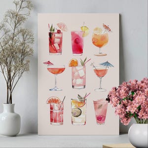 Champagne Martini Cocktail Glass Poster or Canvas Print, Preppy Pink Drinks, Cute Girly Alcohol Drinks Bar Cart, Pastel Pink Kitchen Decor