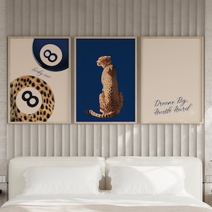 Navy Blue Leopard Animal Print Set of 3 Wall Art Poster or Canvas, Dream Big Quote Trendy Lucky 8 Ball Print, Cheetah Inspirational Decor