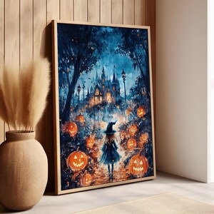 Little Witch Walks Among Glowing Pumpkins Whimsical Wall Art Poster or Canvas Print, Haunted Castle Print, Halloween Fantasy Watercolor Art