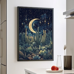Cosmic Cactus Garden Under Crescent Moon Celestial Art Print Poster or Canvas, Dark Blue Botanical Wall Art, Surrealism Garden Art Print