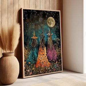 Three Witches in The Moonlight Wall Art Poster or Canvas Print, Witches Coven Art Under the Moon Print, Enchanting Celestial Moon Art Print