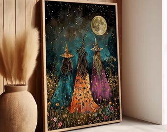 Three Witches in The Moonlight Wall Art Poster or Canvas Print, Witches Coven Art Under the Moon Print, Enchanting Celestial Moon Art Print
