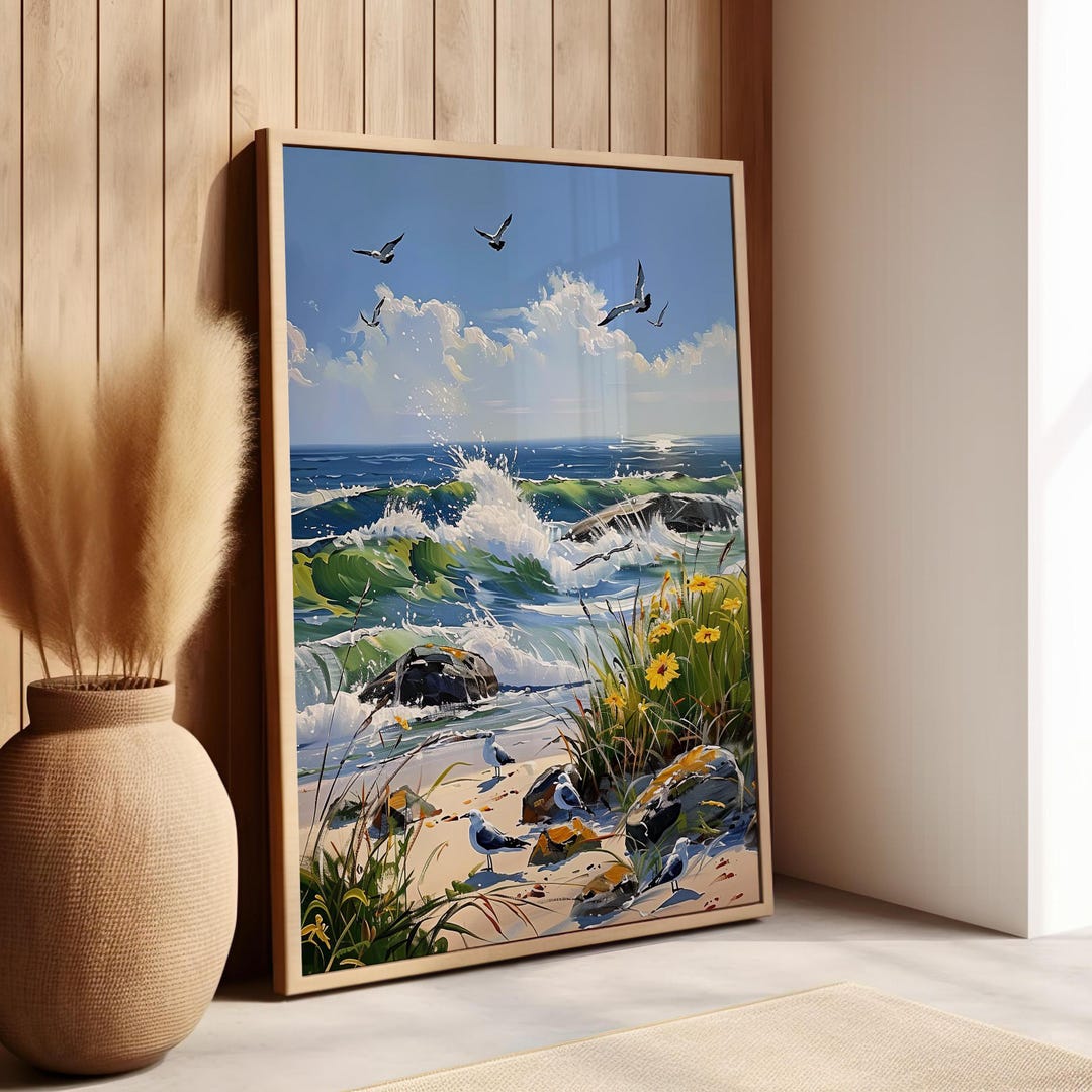 Birds Flying on the Beach Wavy Coastal Blue Art Poster or Canvas Print ...