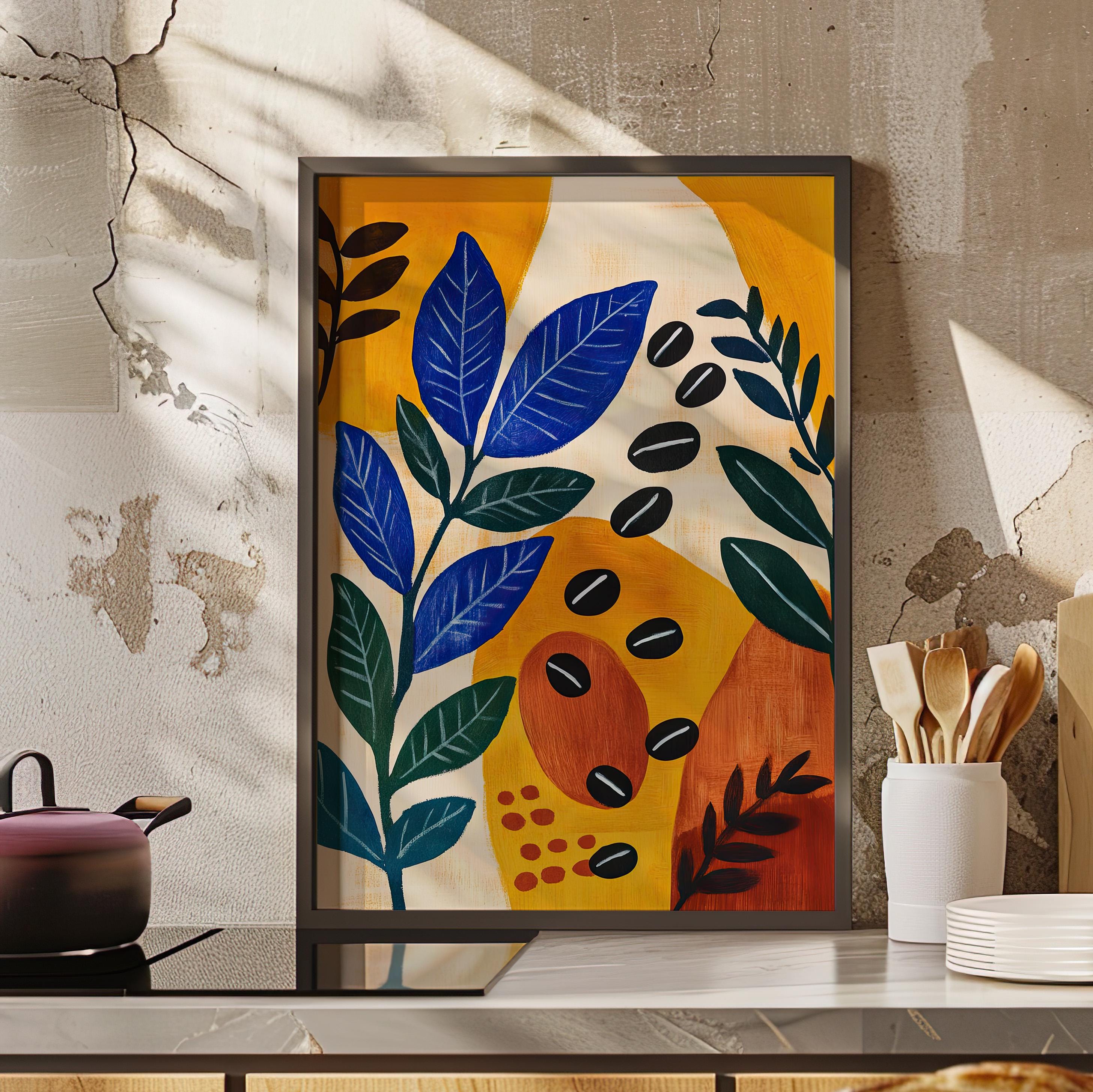 Boho Botanical Coffee Beans Illustration Poster or Canvas Print, Matisse Inspired Cutout Shapes Poster, Abstract Gouache Art Wall Decor