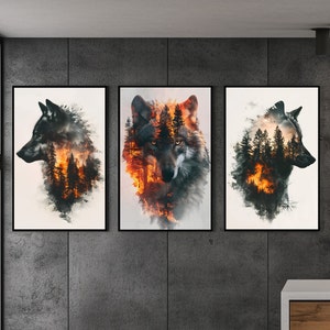 Wild Double Exposure Wolf Wall Art, Forest Wild Fire Print Set Of 3, Modern Woodland Animal Home Decor, Perfect Gift For Animal Lover Poster