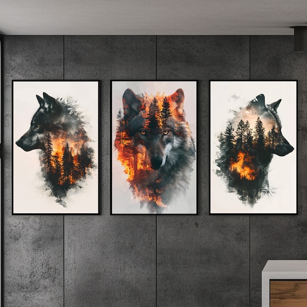 Wild Double Exposure Wolf Wall Art, Forest Wild Fire Print Set Of 3, Modern Woodland Animal Home Decor, Perfect Gift For Animal Lover Poster