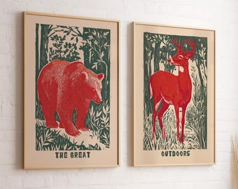 Retro Bear and Deer Wall Art Set of 2 Poster or Canvas Print, Hunting Cabin Decor, Outdoorsy Nature Prints, Gift for Dad, Rustic Home Poster