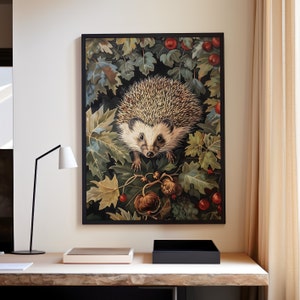 Hedgehog William Morris Wall Art Print or Canvas, Vintage Country Animal Gift For Her Cottagecore Dark Academia Decor, Mid Century Botanical