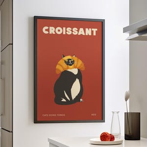 Cat Doing Things Black Cat Croissant Face Poster or Canvas Print, Cat Posters Funny Cat Kitchen Decor, Retro Cat Wall Art Humorous Cat Print