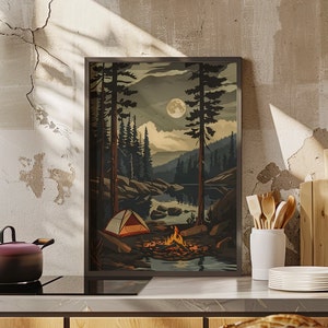 Forest Campfire Art Print or Canvas, Family Camping Wall Art, Forest and Moon Nature Photography Poster Print, Campfire Moonlight Night Art