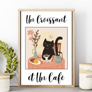 Cat Having French Cafe Croissant Poster or Canvas, Retro Coffee Bistro Wall Art, Vintage Drink Kitchen Print Whimsical Cat With Coffee Decor
