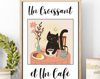Cat Having French Cafe Croissant Poster or Canvas, Retro Coffee Bistro Wall Art, Vintage Drink Kitchen Print Whimsical Cat With Coffee Decor