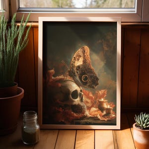 Skull And Butterfly Wall Art Print Or Canvas, Gothic Autumn With Candles And Leaves, Mystical Halloween Deco, Curiosity Cabinet Style Poster
