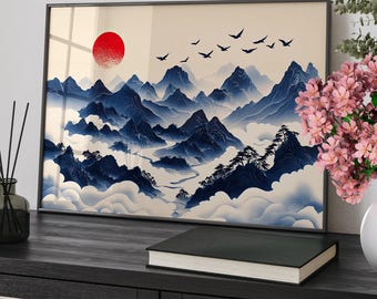 Misty Blue Mountains Chinese Landscape Painting Poster or Canvas Print, Cloudy Mountains Art, Red Sun Modern Nature Art, Chinese Home Decor