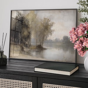 Vintage Riverbank Oil Painting Poster or Canvas Print, Rustic Muted Landscape Antique Painting, Moody Abstract River Landscape Art Print