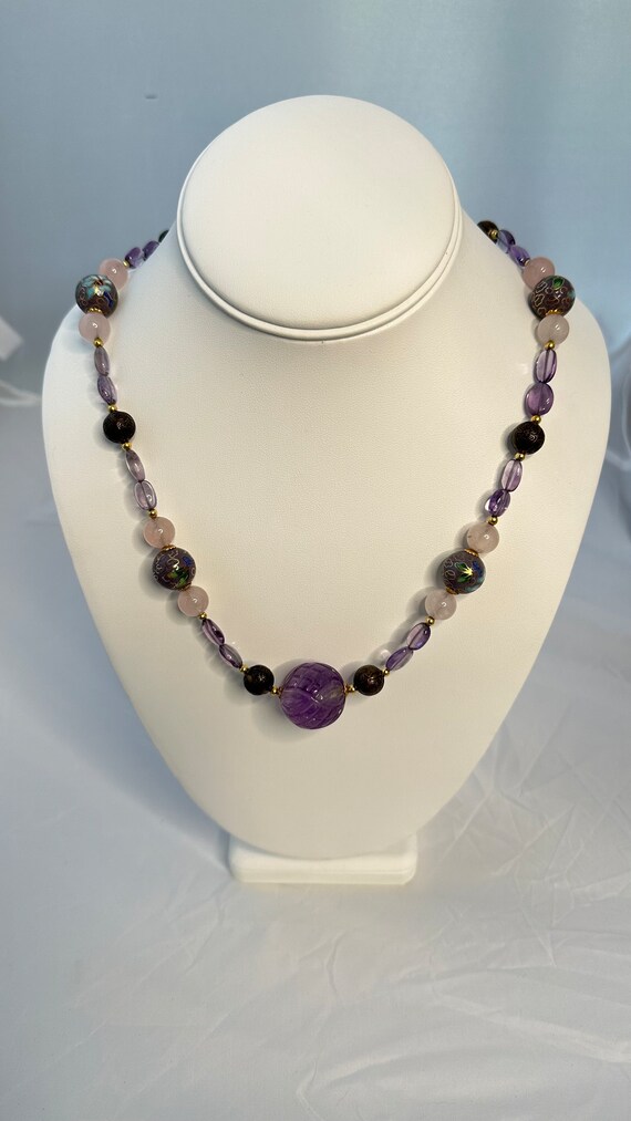 Amethyst, Rose Quartz and Cloisonné vintage neckla