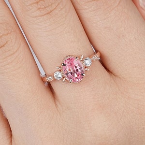 Oval Cut Pink Sapphire Engagement Ring, 14K Rose Gold Twig Leaf Milgrain Promise Ring, Padparadscha Pink Sapphire Fantasy Wedding Ring Gift