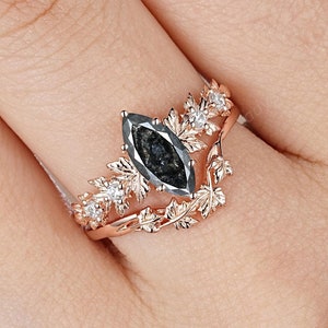 Marquise Cut Salt and Pepper Diamond Bridal Set 14K Rose Gold Maple Leaf Engagement Ring Set Nature Inspired Black Diamond Wedding Ring Set