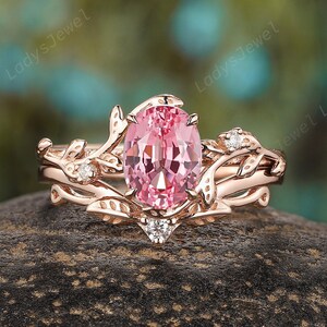 Oval Cut Pink Sapphire Bridal Set, Vintage Peach Pink Sapphire Engagement Ring Set, 14K Rose Gold Twig Leaf Promise Wedding Ring for Women