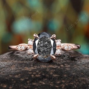 Nature Inspired Salt and Pepper Diamond Engagement Ring, 14K Rose Gold Oval Gray Diamond Promise Ring, Twig Leaf Black Diamond Wedding Ring