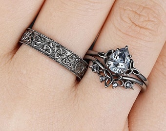 Pear Gray Moissanite Gothic His and Hers Wedding Band, 14K Black Gold Celtic Knot Couples Promise Rings, Crescent Witchy Engagement Ring Set