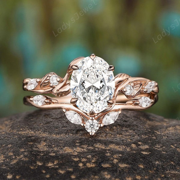 1 Carat Oval Cut Lab Grown Diamond Bridal Set Nature Inspired Vine Branch Diamond Engagement Ring Set Rose Gold IGI Certified Promise Ring