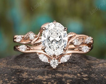 1 Carat Oval Cut Lab Grown Diamond Bridal Set Nature Inspired Vine Branch Diamond Engagement Ring Set Rose Gold IGI Certified Promise Ring