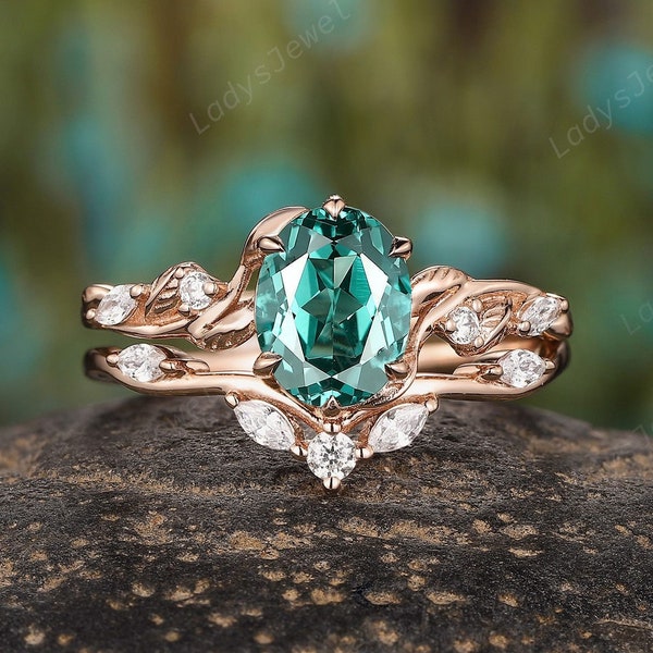 Oval Shape Teal Sapphire Engagement Ring Set, Vintage Peacock Green Teal Sapphire Bridal Set, 14K Rose Gold Twig Leaf Promise Ring for Women