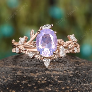 Oval Cut Lavender Purple Amethyst Bridal Set, Rose Gold February Birthstone Engagement Ring Set, Twig Leaf Amethyst Promise Anniversary Ring