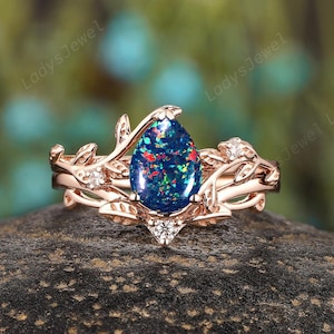 Vintage Pear Cut Black Fire Opal Bridal Set, Multi Fire Opal Twig Leaf Engagement Ring Set, 14K Rose Gold Black Opal Promise Ring for Women