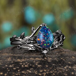 Black Gold Pear Shape Black Fire Opal Bridal Set, Gothic Witchy Multi Fire Opal Engagement Ring Set, Rhodium Black Moissanite Promise Ring