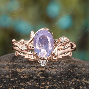 Oval Shape Lavender Amethyst Engagement Ring Set, Rose Gold Amethyst Bridal Set,Nature Inspired Vine Leaf Wedding Promise Ring Set for Women