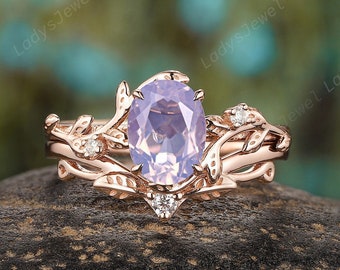 Oval Shape Lavender Amethyst Engagement Ring Set, Rose Gold Amethyst Bridal Set,Nature Inspired Vine Leaf Wedding Promise Ring Set for Women